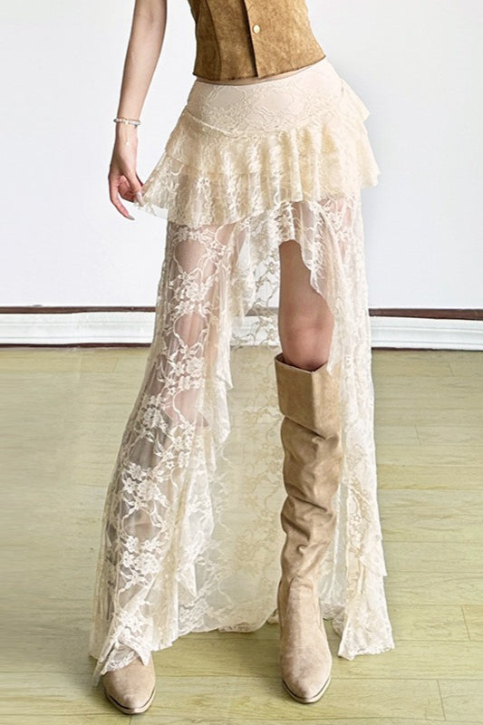 Jupe fendue taille haute en maille de dentelle