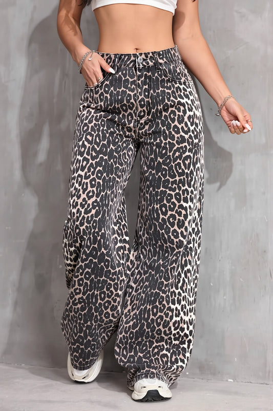 Leopard Allover Print Wide Leg Jeans