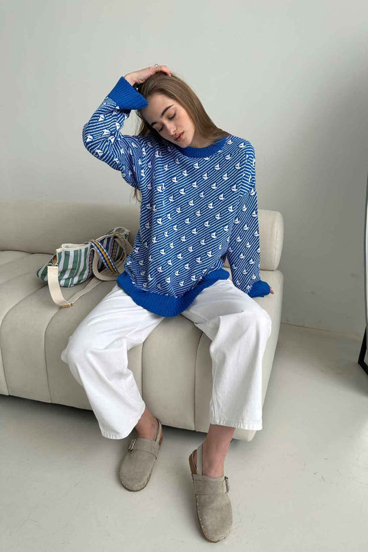 Pull en tricot à col rond et motif voilier