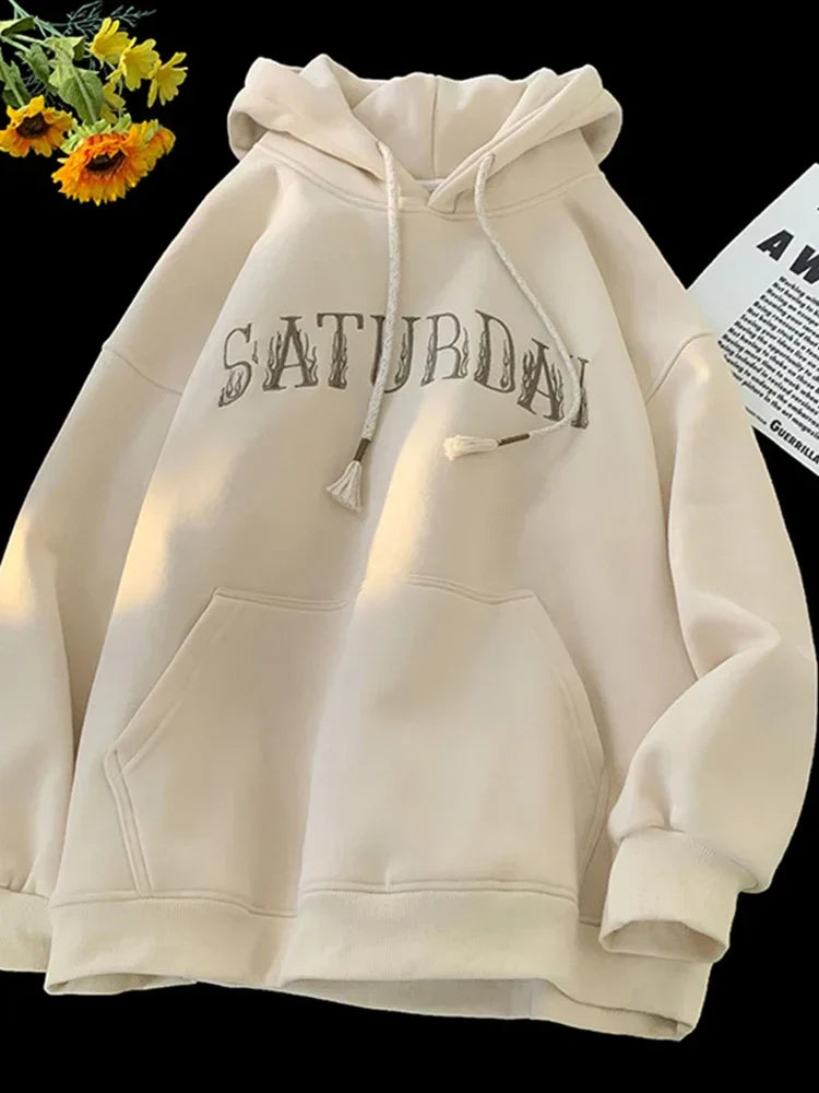 American Flame Print Fleece Y2K Hoodie Apricot / M(40-45KG)