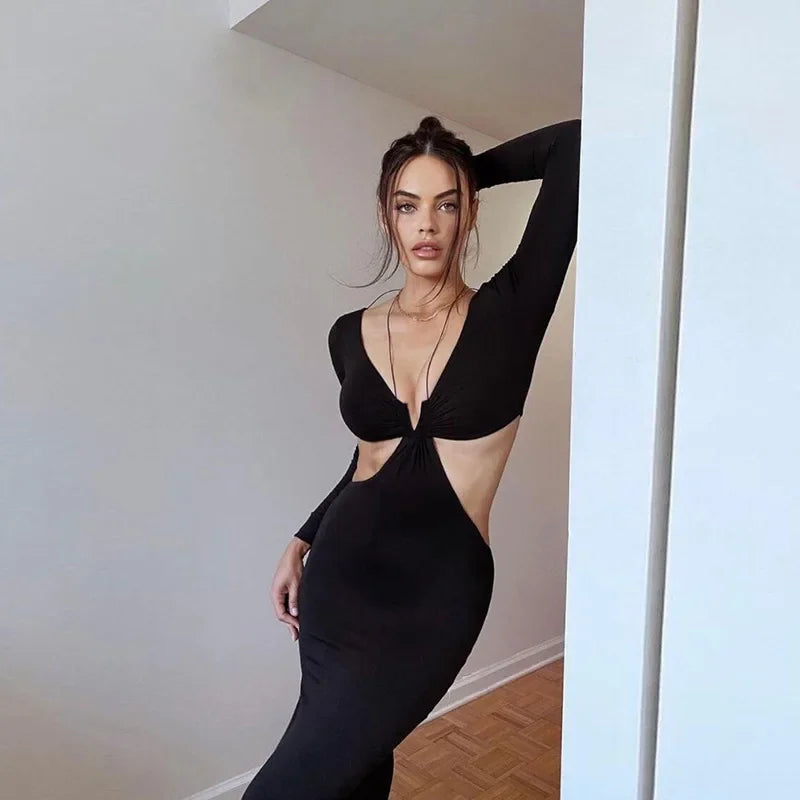 Autumnal Long-Sleeved Halter-Necked Black Split Skinny Sensual Maxi Dress