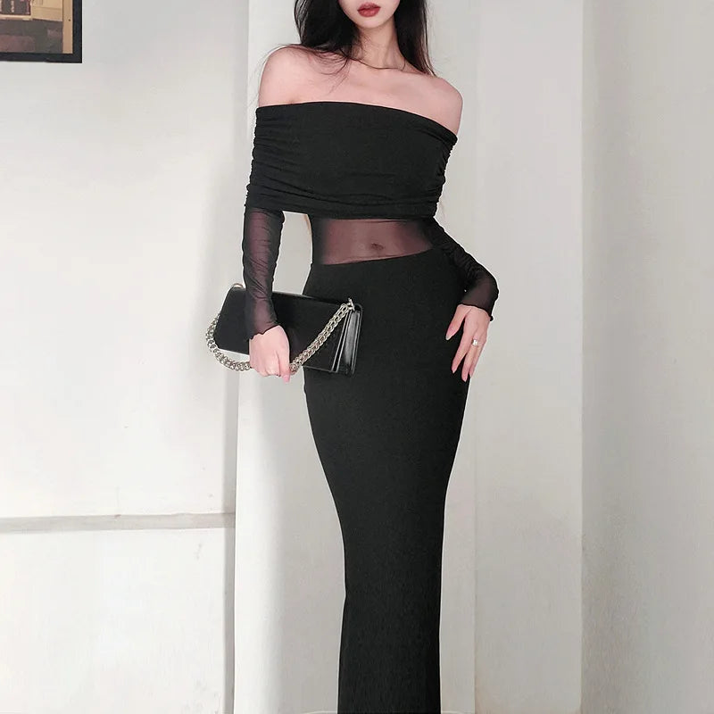 Autumn Sexy Strapless Black Lace Patchwork Long Streetwear Club Bodycon Dress