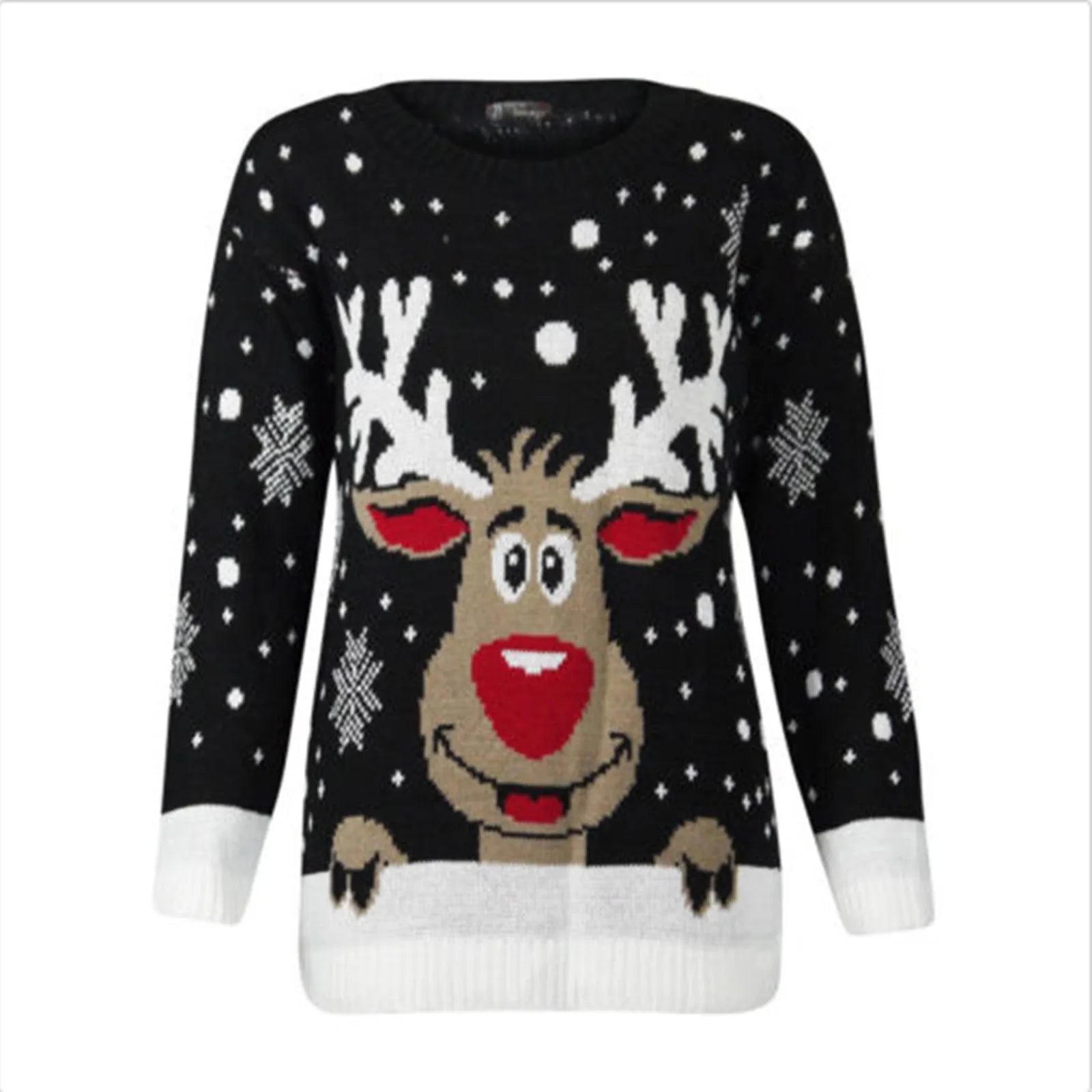 Warm Long Sleeves Fur Collar Cartoon Reindeer Print Christmas Sweater Black / S Sweaters-L