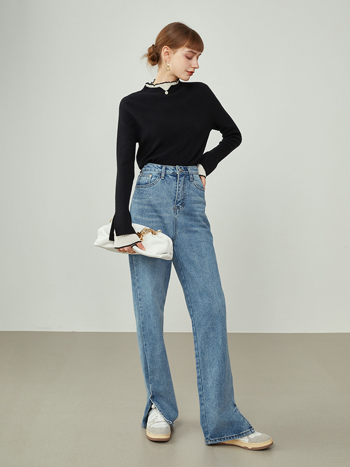 Contrast Trim Mock Trendy Neck Knit Top Sweaters-L