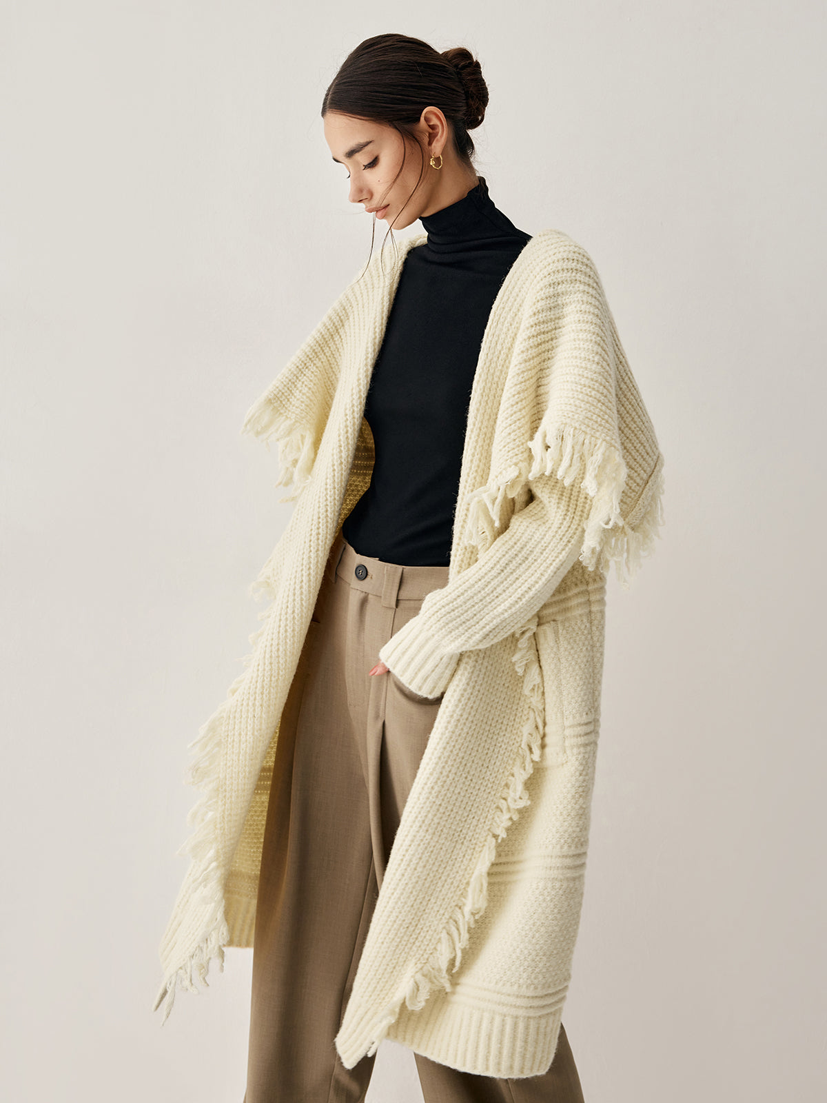 Chunky Knit Tassel Trendy Hem Poncho Cardigan Sweaters-L