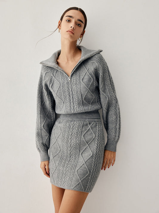Cable Knit Open Collar Modern Cardigan With Matching Skirt Sets