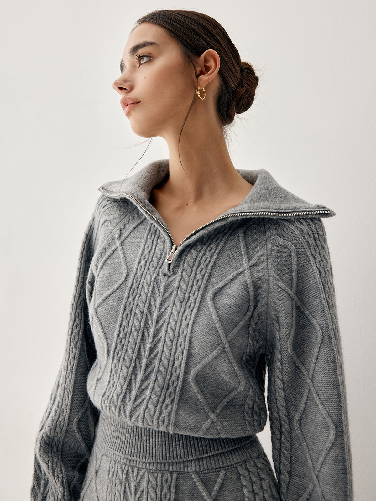 Cable Knit Open Collar Modern Cardigan With Matching Skirt Sets