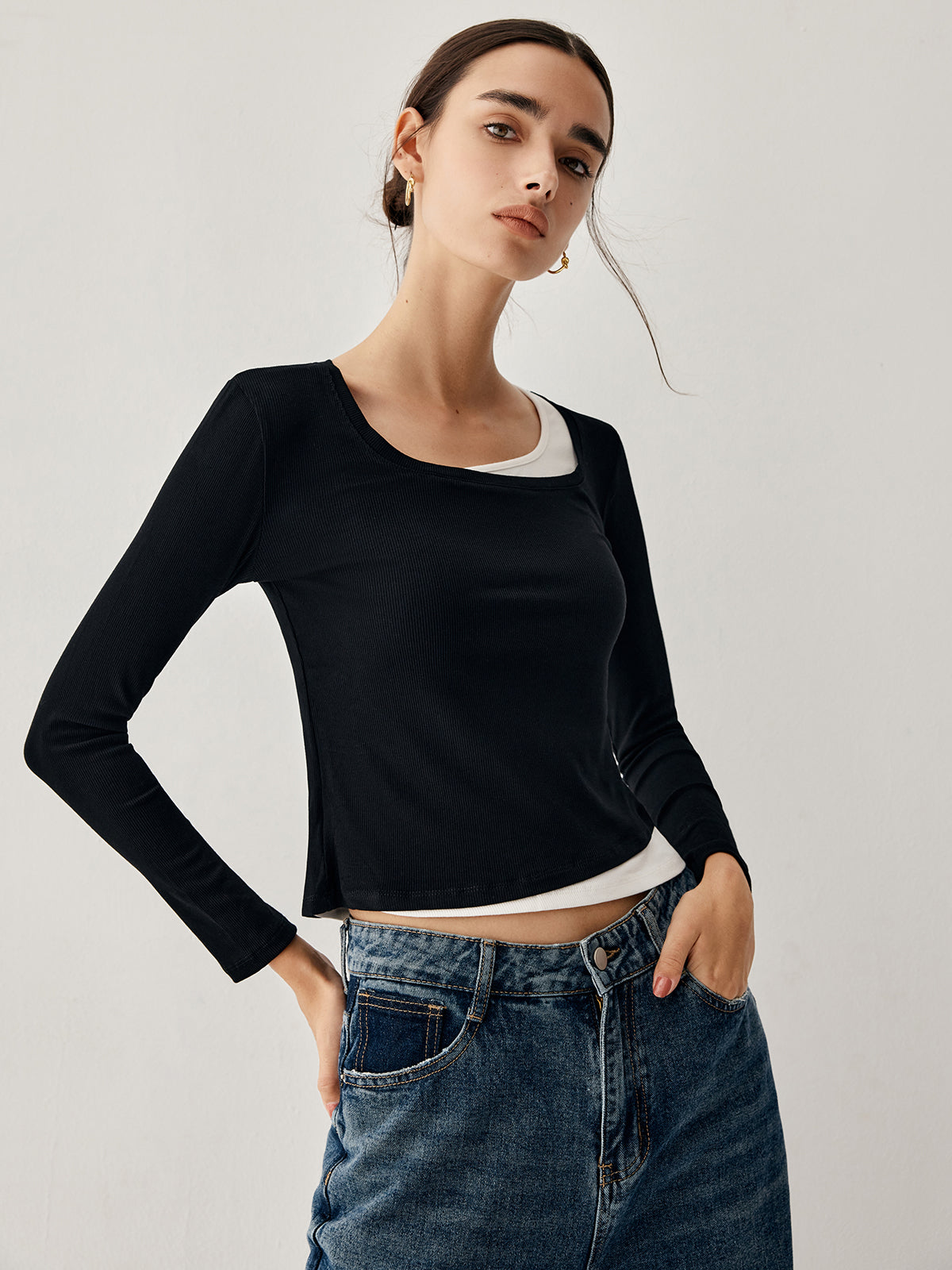 Colorblock Long Graceful Sleeve Crop Shirt T-Shirts