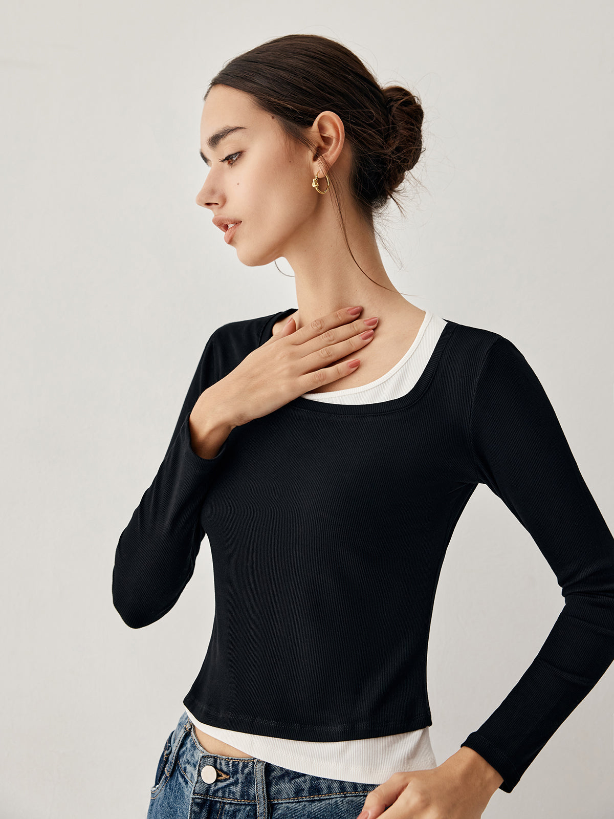 Colorblock Long Graceful Sleeve Crop Shirt T-Shirts