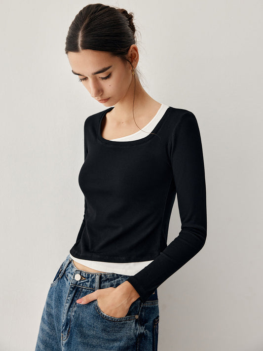 Colorblock Long Graceful Sleeve Crop Shirt T-Shirts