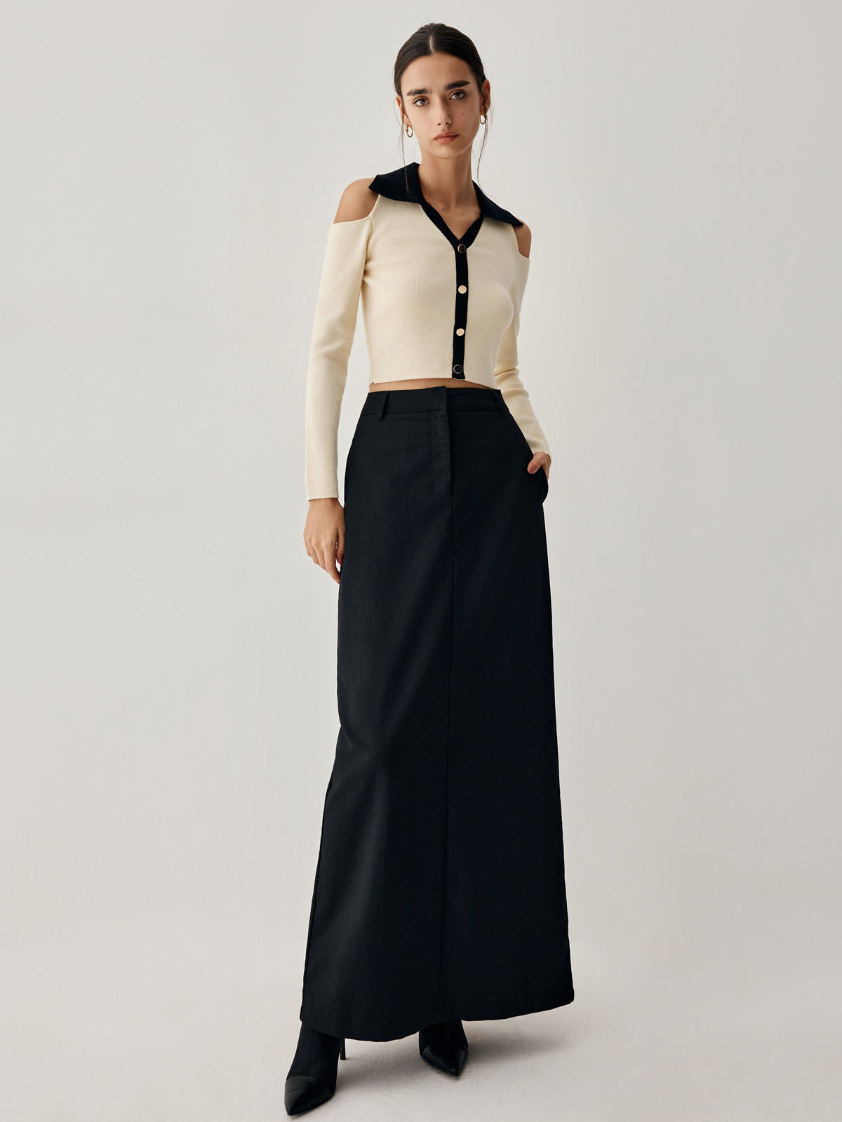 Colorblock Open Collar Cutout Modern Crop Long Sleeve Top Sweaters-L