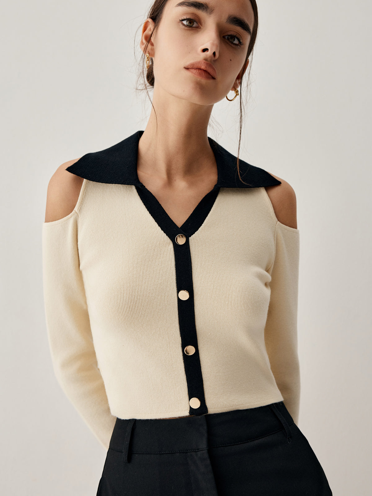 Colorblock Open Collar Cutout Modern Crop Long Sleeve Top Sweaters-L