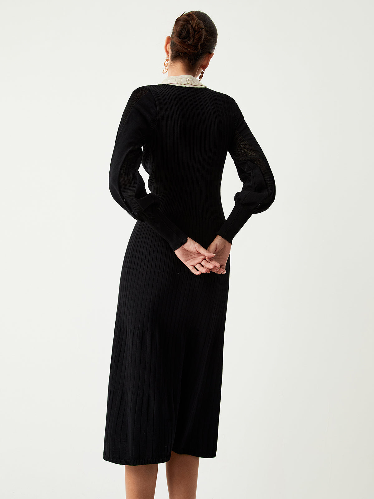 Contrast Eyelet Collar Long Modern Sleeve Midi Sweater Dress Sweaters-L
