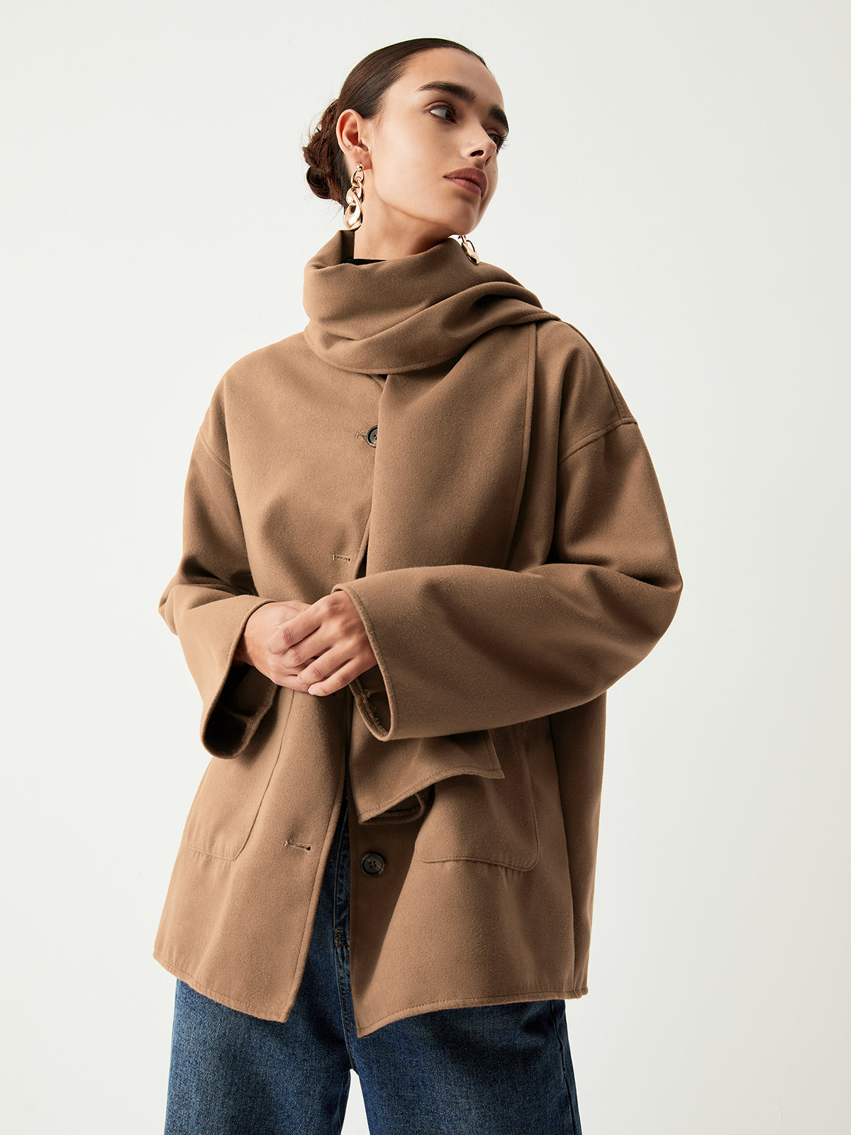 Double Pockets Cotton Blend Modern Jacket With Matching Scarf Jackets