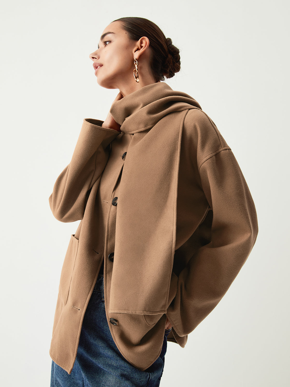 Double Pockets Cotton Blend Modern Jacket With Matching Scarf Jackets