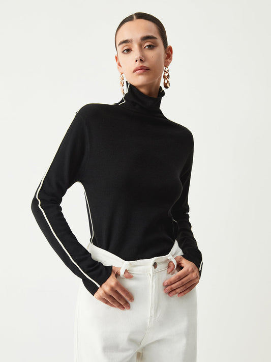 Contrast Piping Turtleneck Trendy Long Sleeve Top Tank Tops & Camis