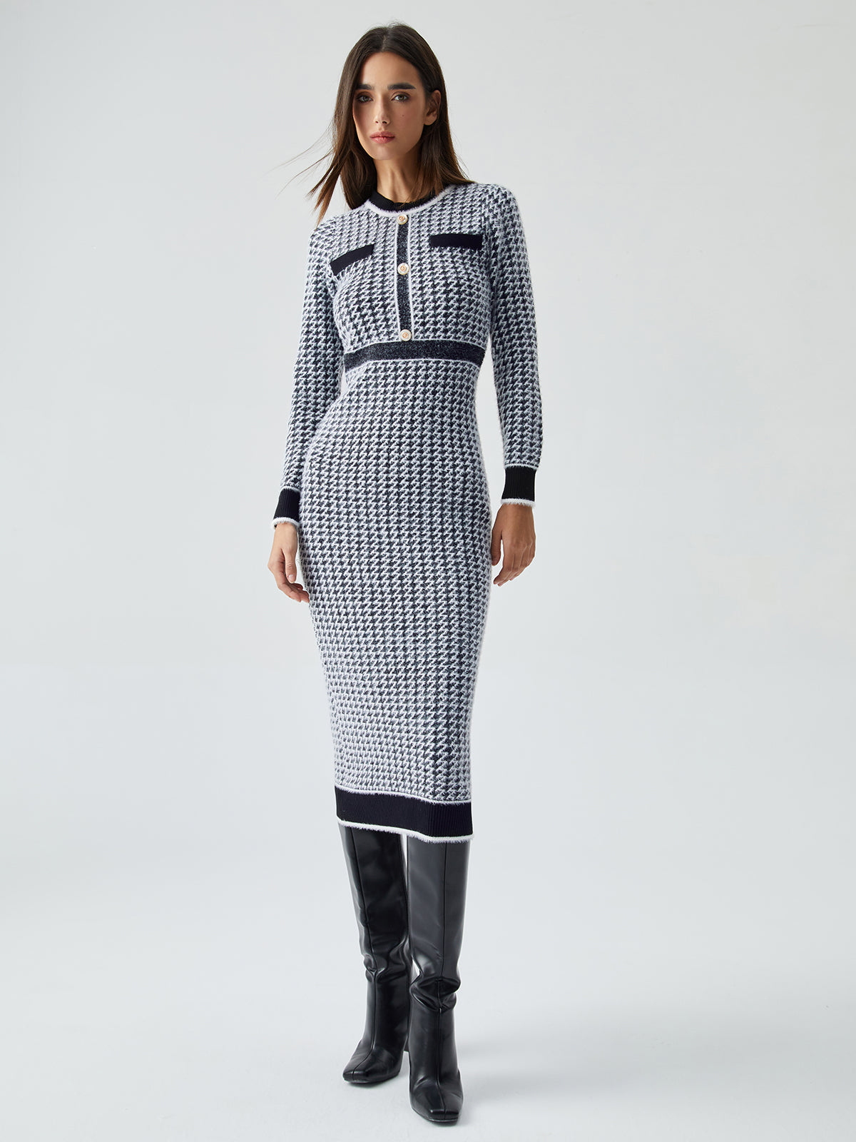 Contrast Trim Herringbone Trendy Bodycon Sweater Midi Dress Sweaters-L