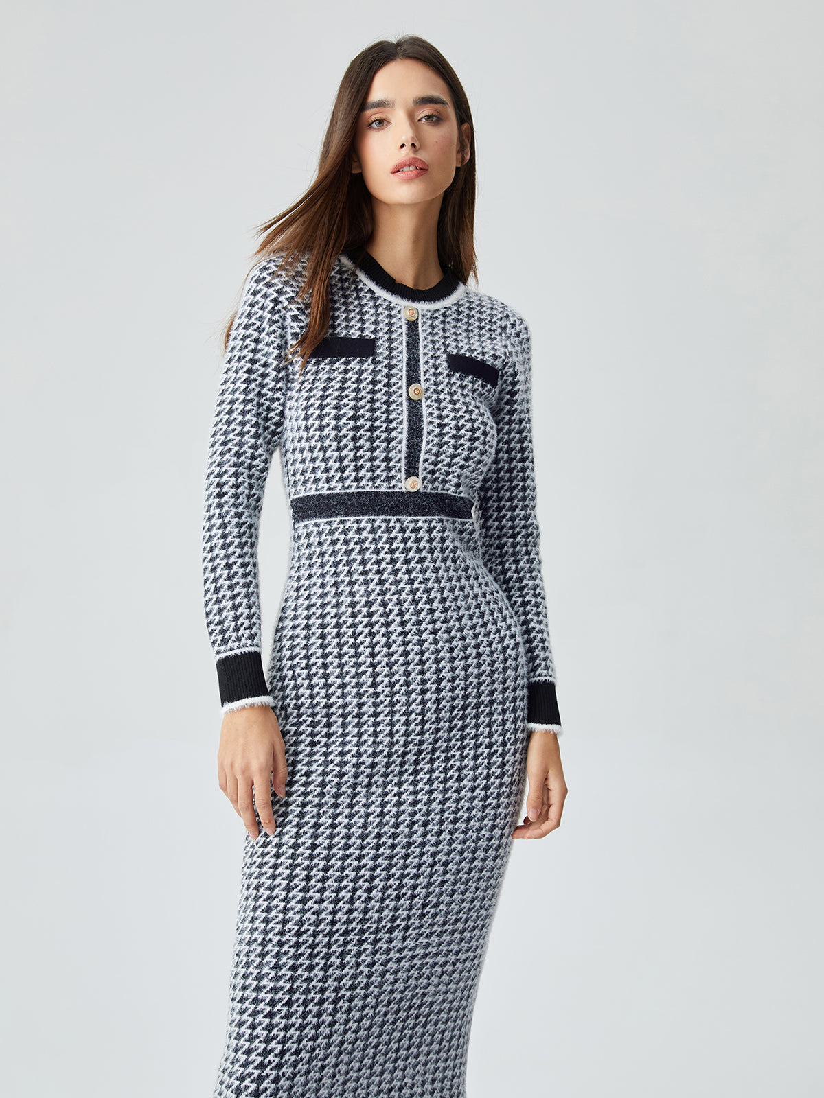 Contrast Trim Herringbone Trendy Bodycon Sweater Midi Dress Sweaters-L