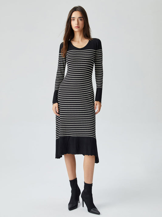 Contrast Trim Striped Crew Modern Neck Knit Sweater Dress Sweaters-L