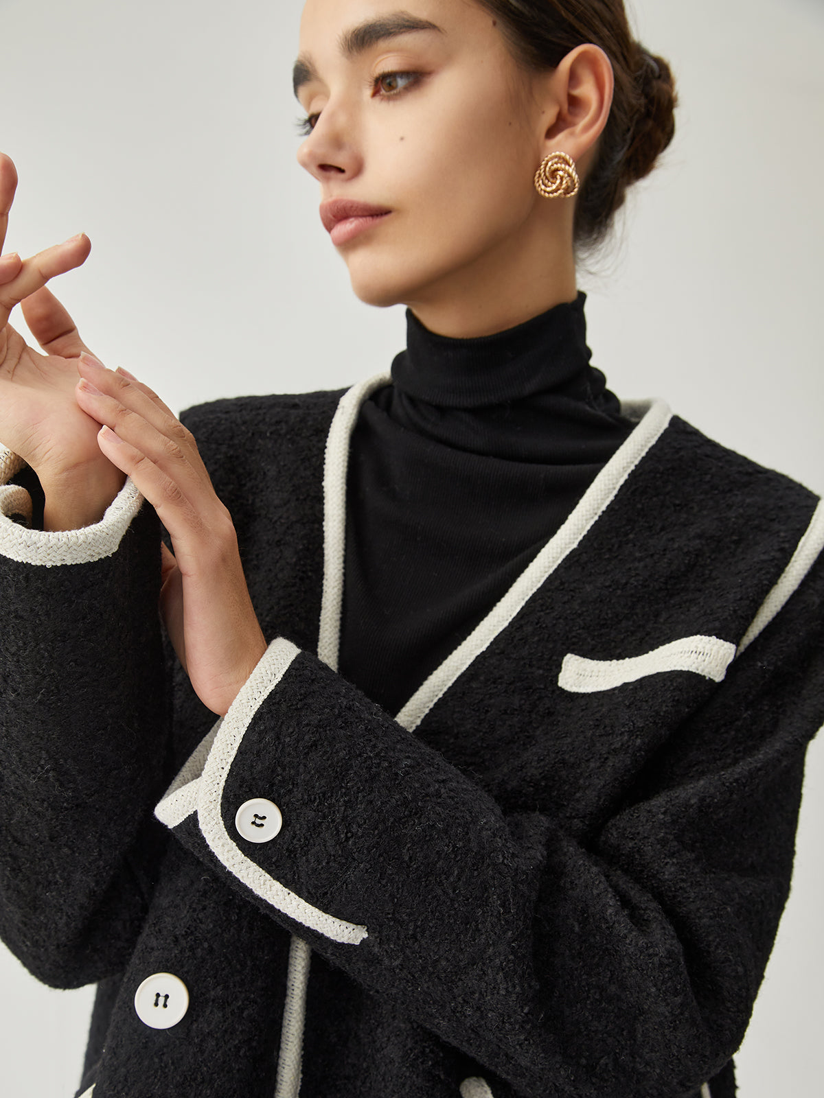 Contrast Trim Tweed Trendy Button Detail Wool Coat Coats-L