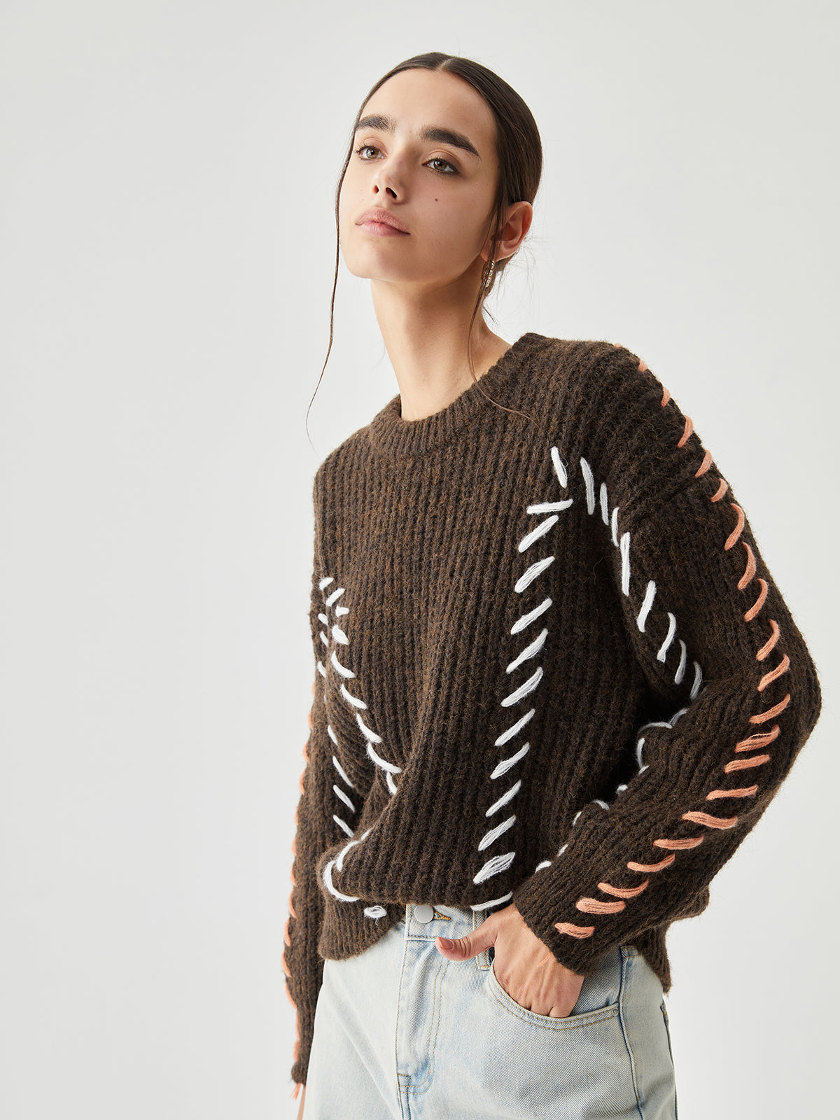 Crocheted Contrast Trim Trendy Ribbed Knit Sweater Sweaters-L