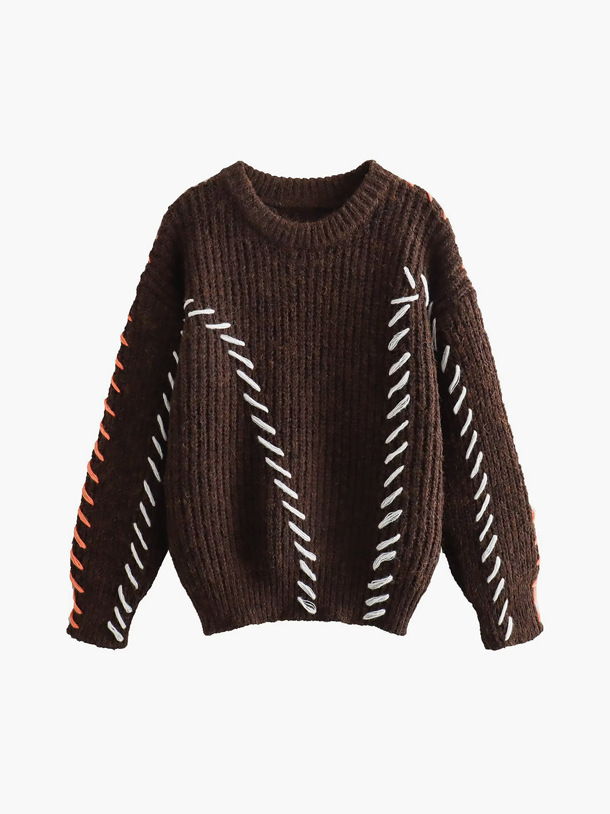 Crocheted Contrast Trim Trendy Ribbed Knit Sweater Sweaters-L