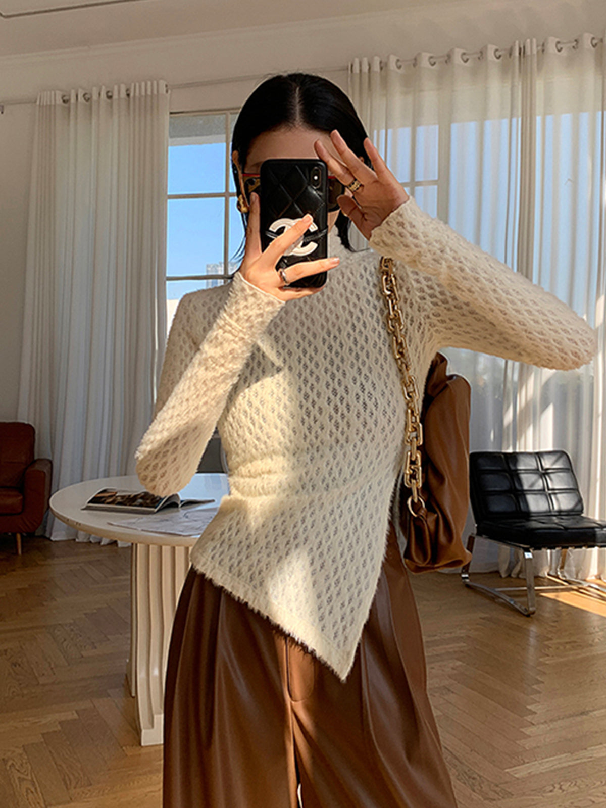 Argyle Asymmetric Graceful Mock Neck Blouse Blouses