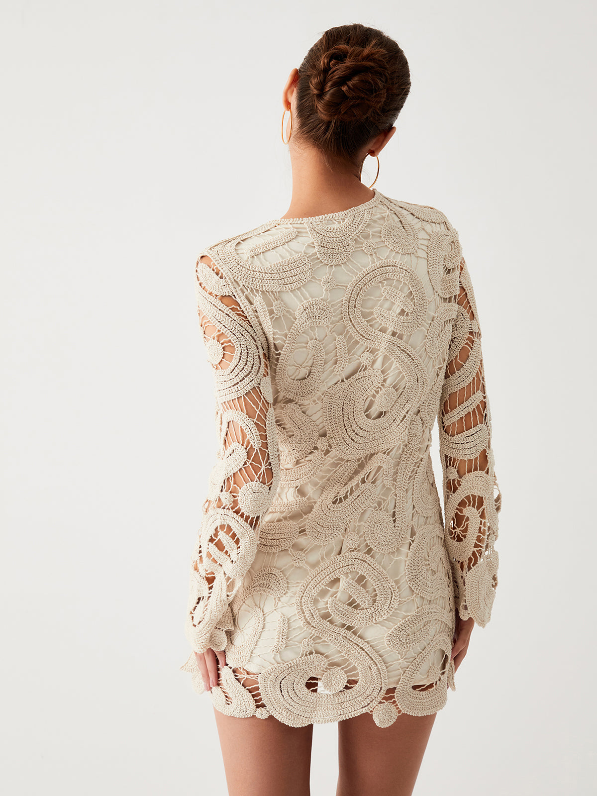 Crochet Paisley Long Trendy Sleeve Short Dress Sweaters-L