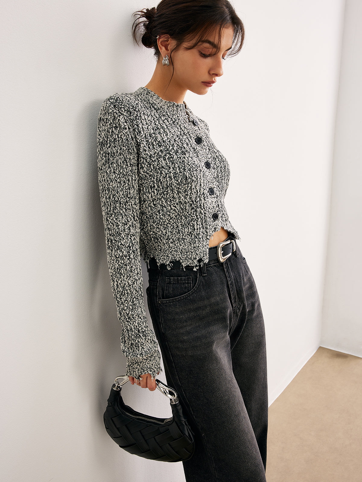 Raw Hem Button Slim Knit Top Knit Tops