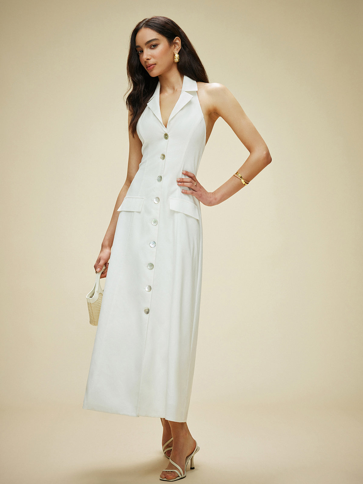 Cotton & Linen Pocket Detail Halter Neck Tie Back Dress Dresses