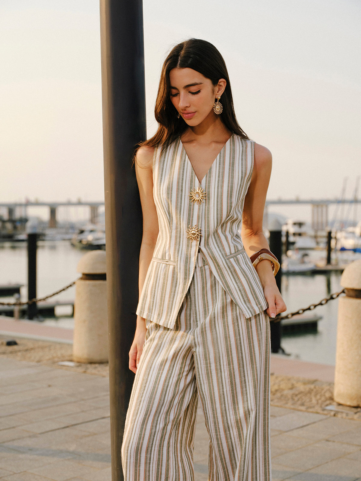 Linen & Cotton Metal Detail V Neck Striped Vest LightGreen / XS Vests