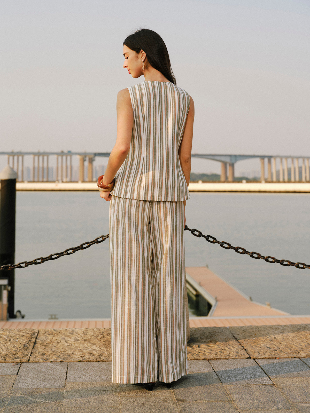 Linen & Cotton Metal Detail V Neck Striped Vest Vests