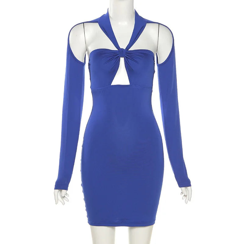 Summer Hollow Hip Skirt Solid Color Women’s Long-Sleeved Korean Elegant Sexy Cut Out Dress
