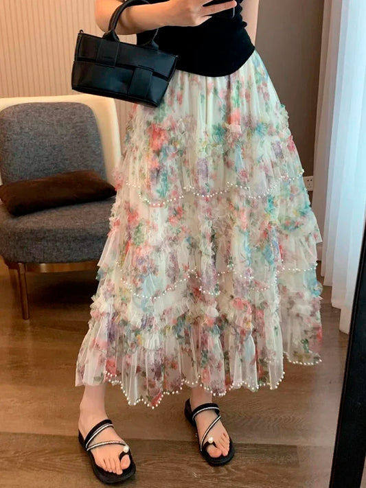 Beading Elegant Asymmetrical Mesh Tulle Skirt Beige / One Size skirt-250126