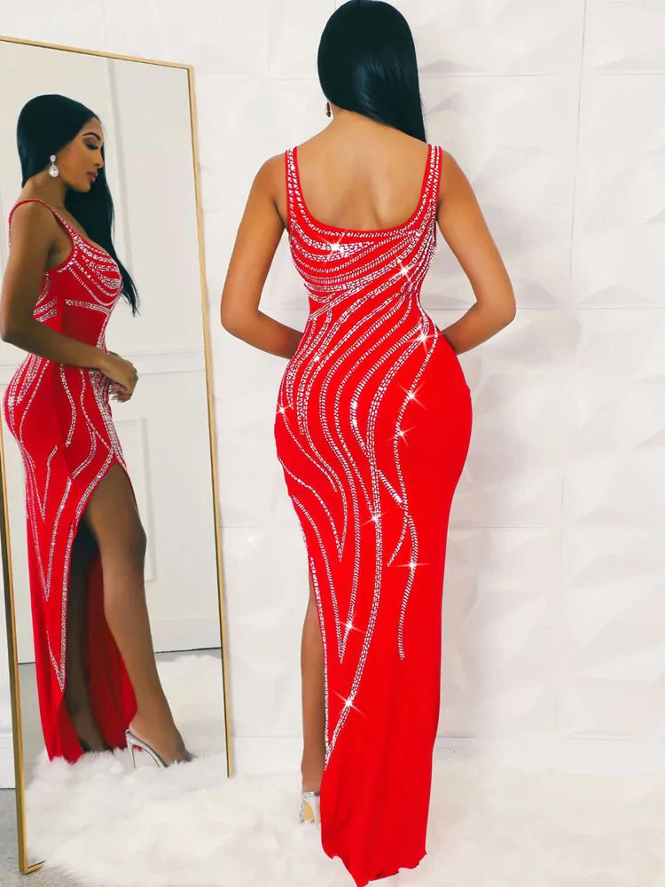 Rhinestone Slit Maxi Party Dress Partydress-241208