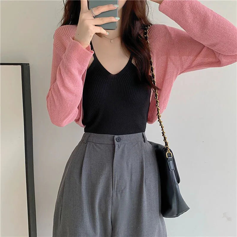 Thin Long Sleeve Sunscreen Cropped Solid Knit Cardigan Pink / One Size 35-60kg cardiagn-250126