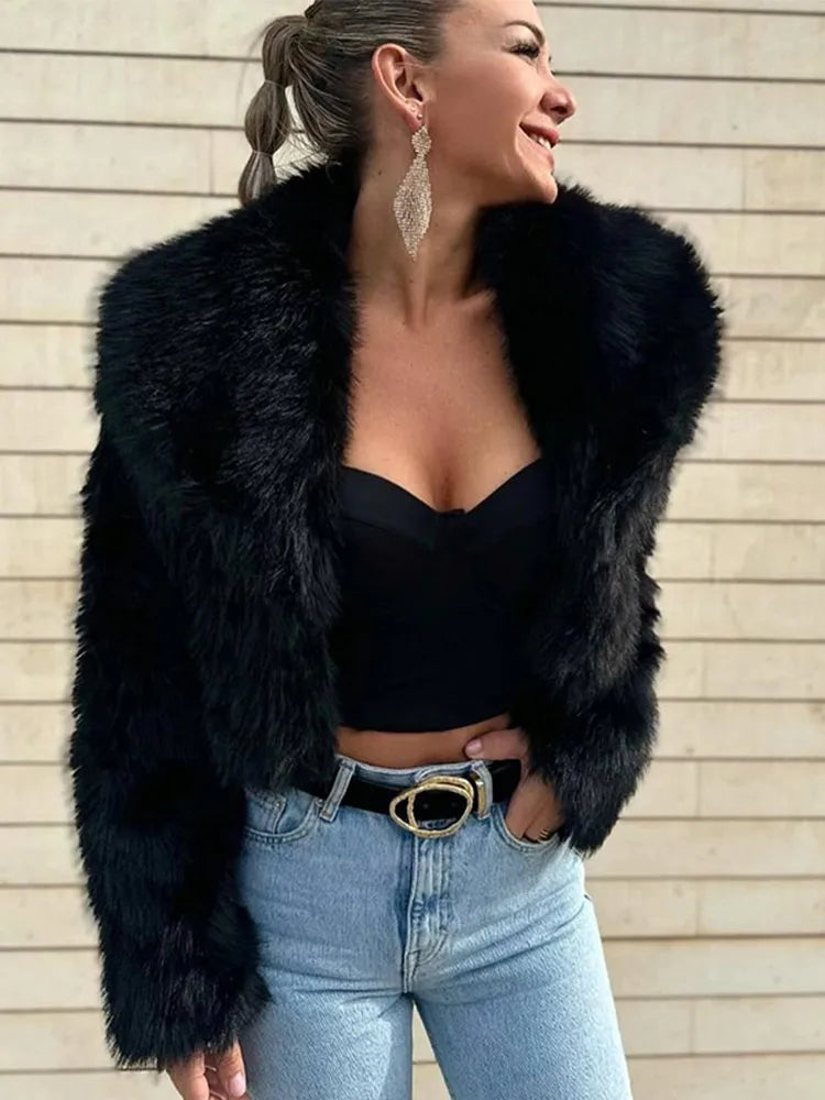 Black Faux Fur Effect Short Coat Coats-241208