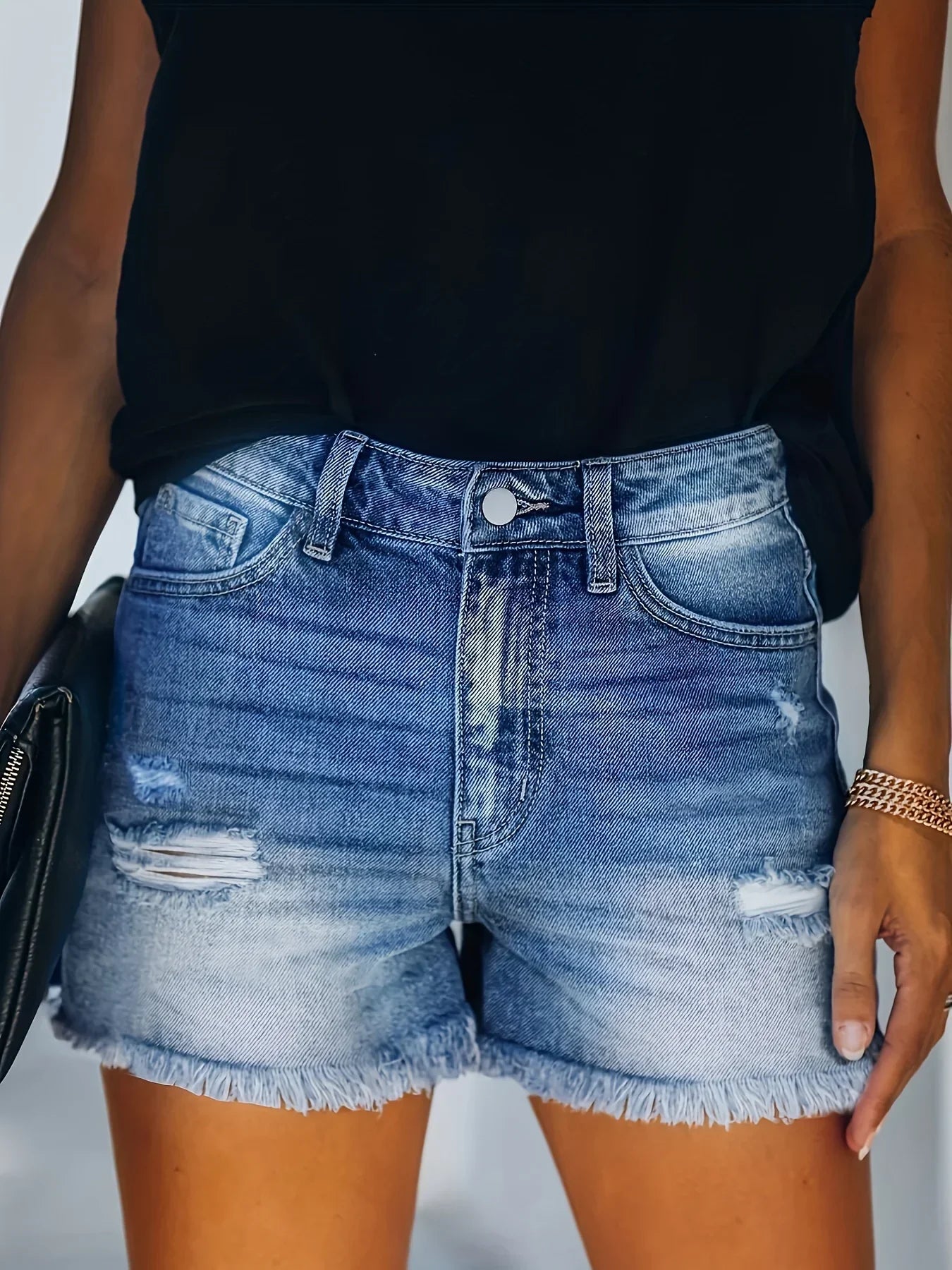 Blue Frayed Hem Denim Shorts Ripped Holes Slash Pockets Short Jean