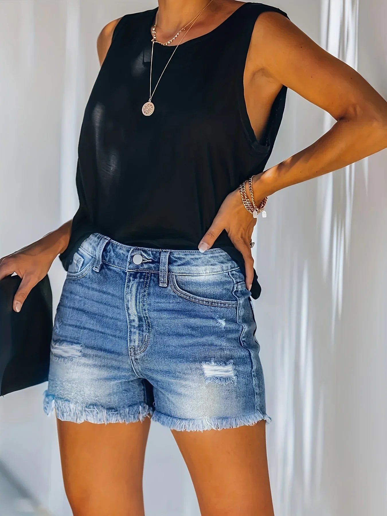 Blue Frayed Hem Denim Shorts Ripped Holes Slash Pockets Short Jean