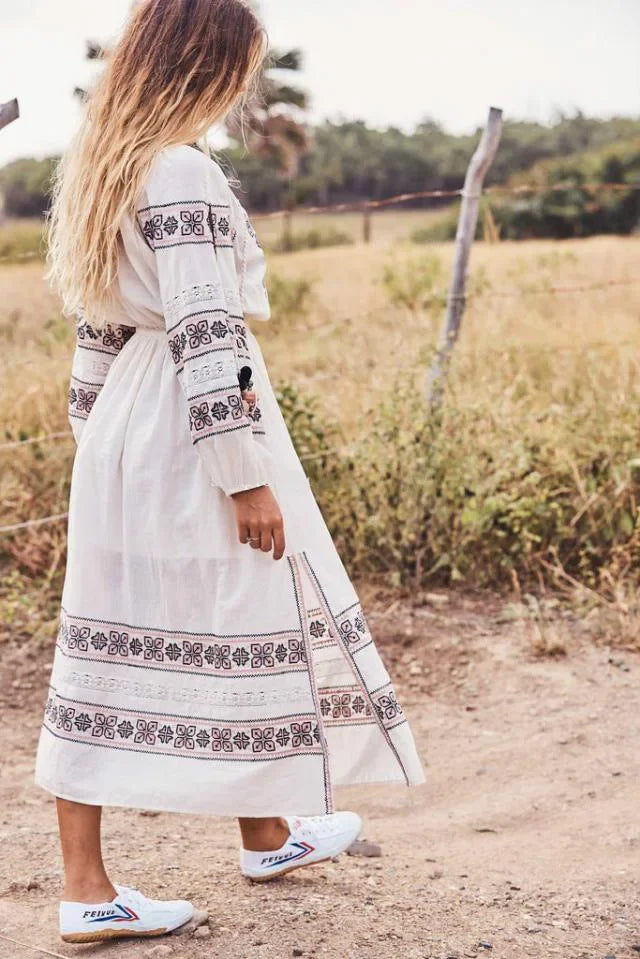 Boho Blue/White Cotton Rayon Maxi Dress bohodress-250126