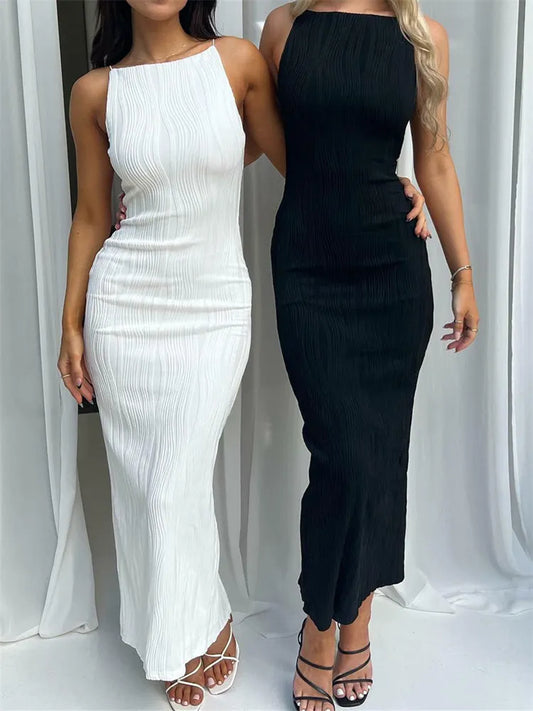 Sexy Women Ruched Sleeveless Slim Solid Summer Party Back Split Clubwear Female Vestido Outfits