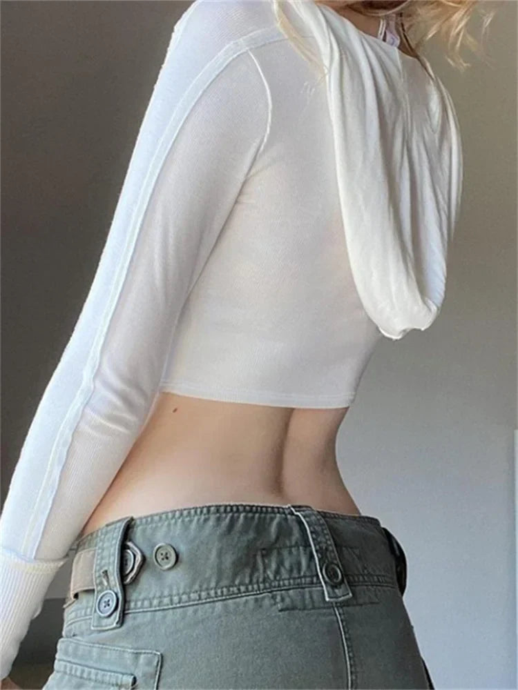 Hooded Ribbed Long Sleeve Deep V Neck Solid Color Slim Fit T-Shirts