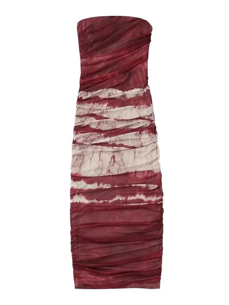 Irregular Tie Dyeing Print Tube For Women Summer Beach Party Clubwear Strapless Off Shoulder Ruched