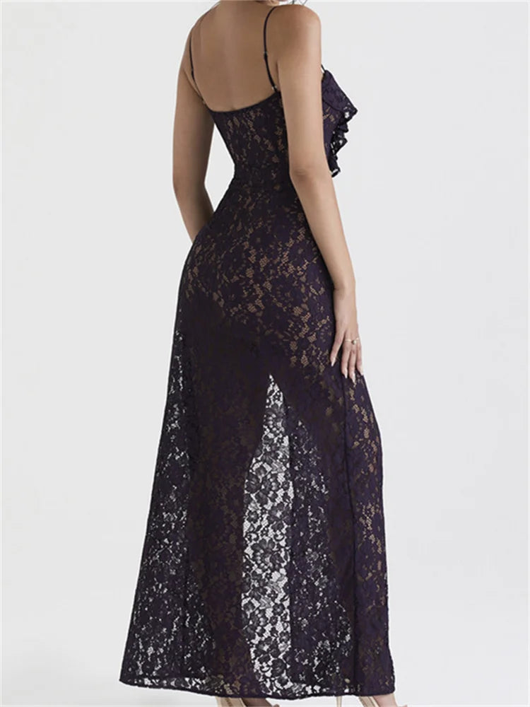 Lace Floral See Through For Women Sexy Sleeveless Strap V-Neck Ruffles Patchwork High Split Vestidos