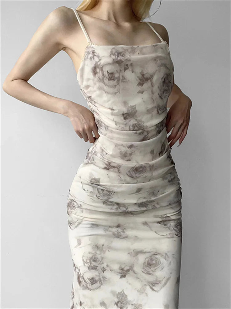 Retro Floral Print For Women Sleeveless Strap V-Neck Ruched Split Summer Party Female Vestidos