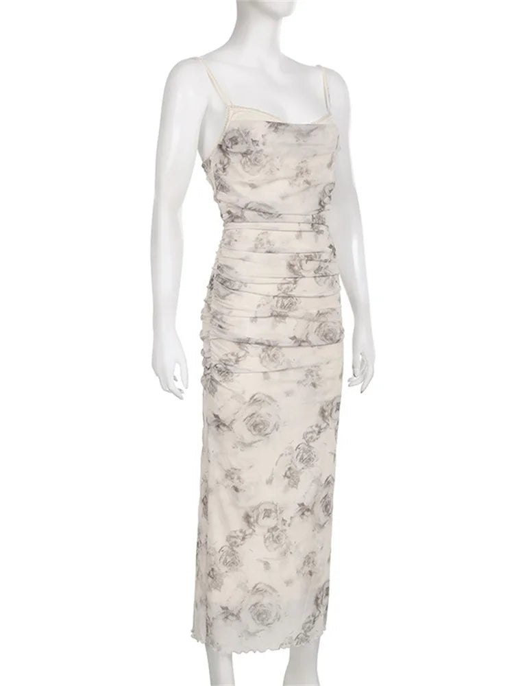 Retro Floral Print For Women Sleeveless Strap V-Neck Ruched Split Summer Party Female Vestidos