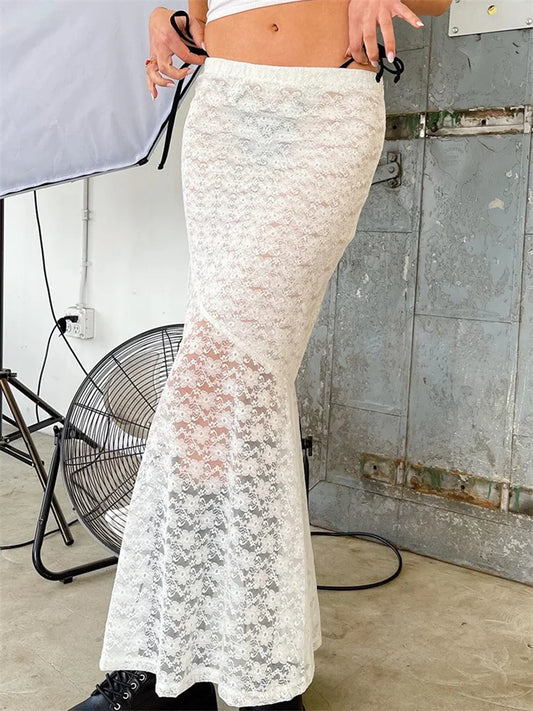Y2K Grunge Lace Mesh See Through Bow Tie Long Skirt WHITE / S skirt-250126