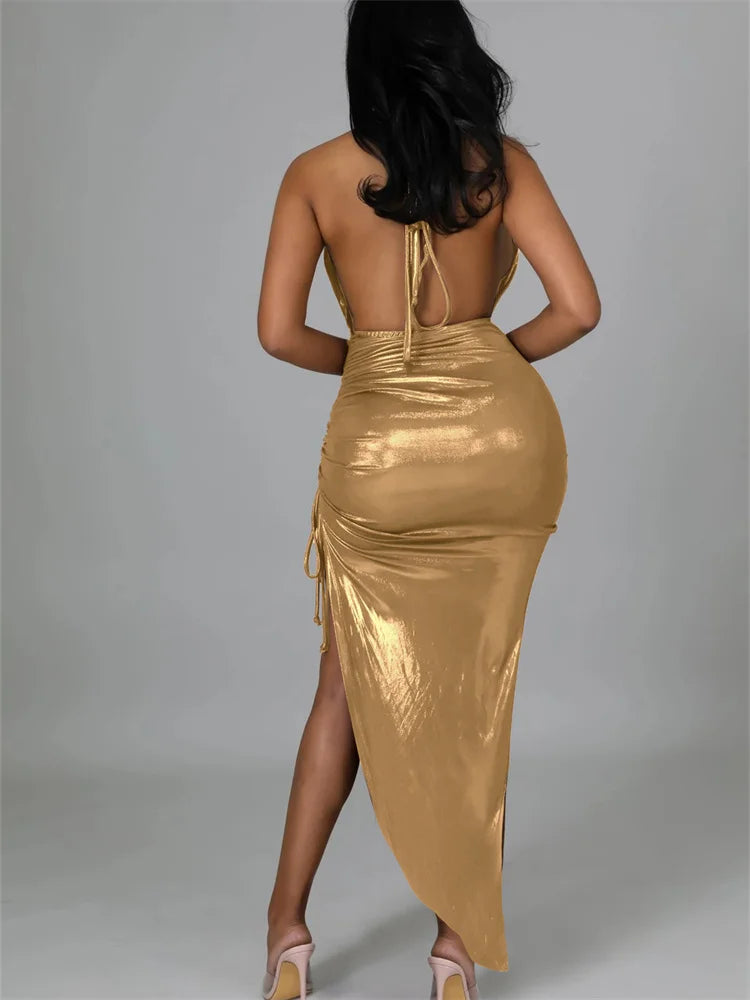 Sexy Women Halter V-Neck Off Shoulder Drawstring High Split Backless Tie-Up Wrap Hip Slim