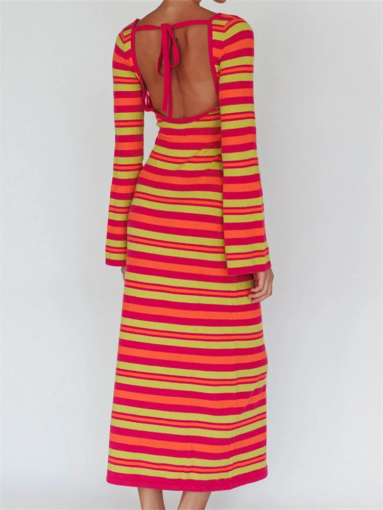 Sexy Women Knitted Sleeve Crew Neck Backless Tie-Up Striped Print Slim Fit Spring Fall Vestidos
