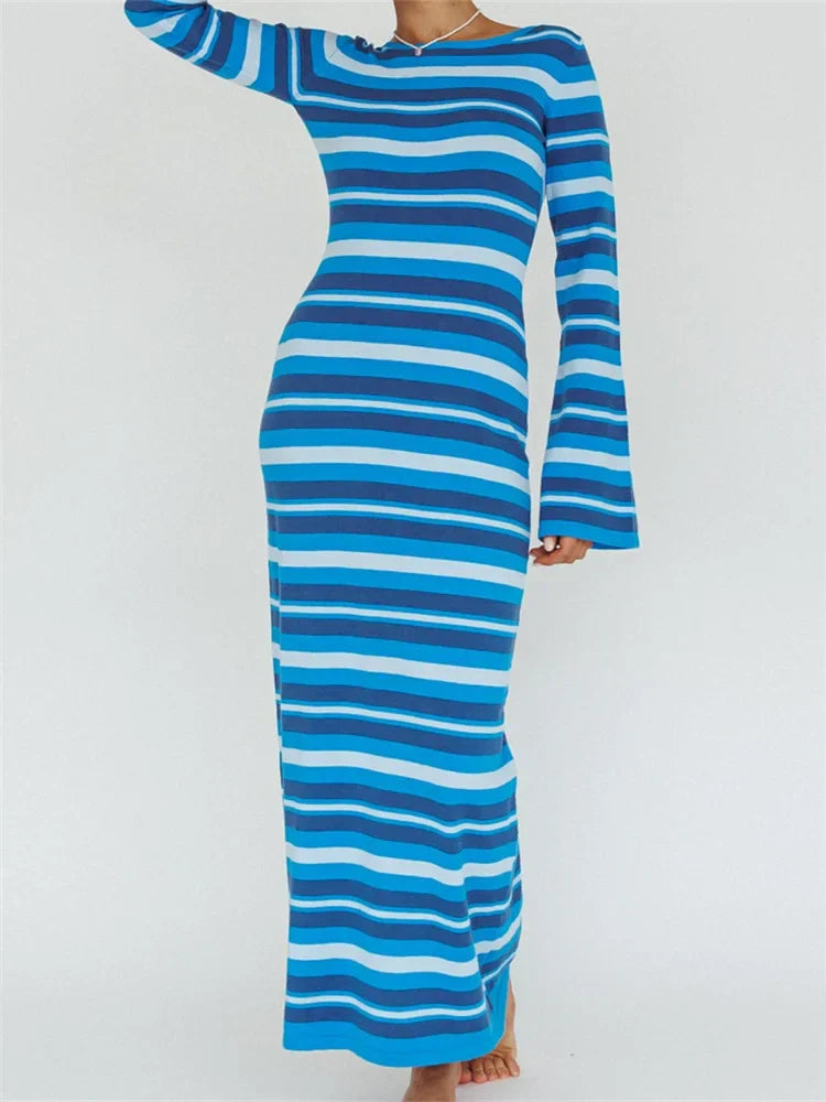 Sexy Women Knitted Sleeve Crew Neck Backless Tie-Up Striped Print Slim Fit Spring Fall Vestidos